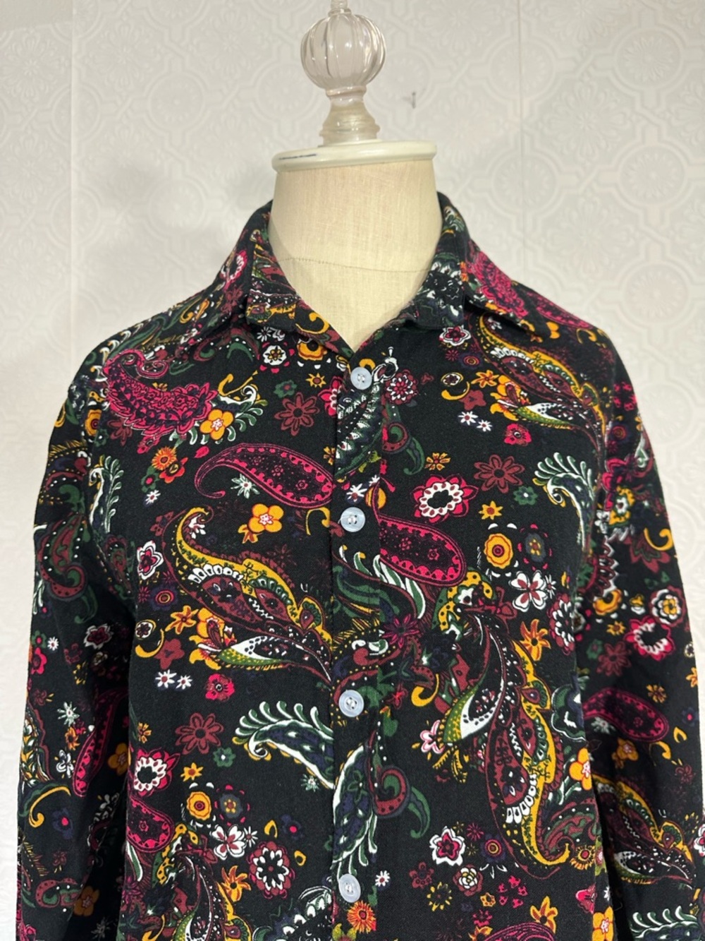 Black Paisley Floral Button-Up Shirt linen cotton blend